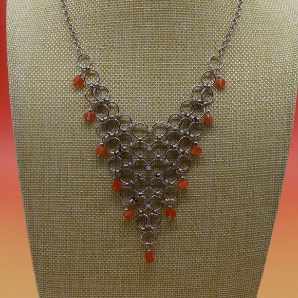 Vintage Mesh Choker Bib Necklace Silver Tone Orange Glass Square Beads - Picture 9 of 11